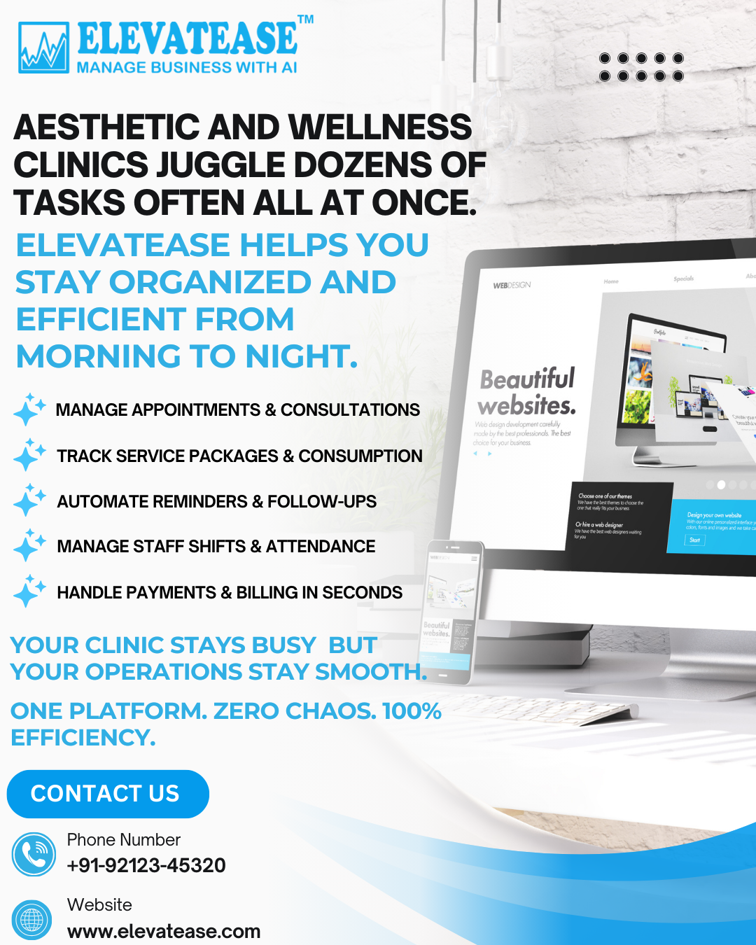 Flowchart illustrating the simplified, centralised process within Elevatease, showing how client booking, staff timekeeping, and POS transactions all connect in one platform.